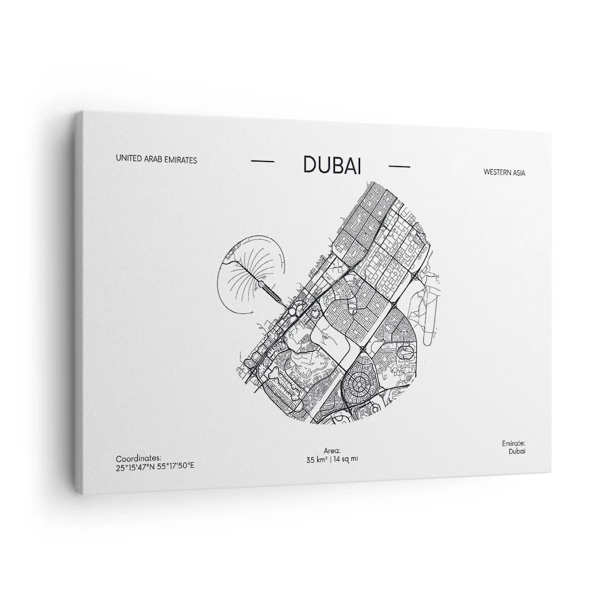 Obraz na plátně - Minimalistická černobílá mapa Dubaje s vyznačenými polohami. - 70x50cm - Anatomie Dubaje - Moderní nástěnná dekorace do obývacího pokoje a ložnice ARTTOR