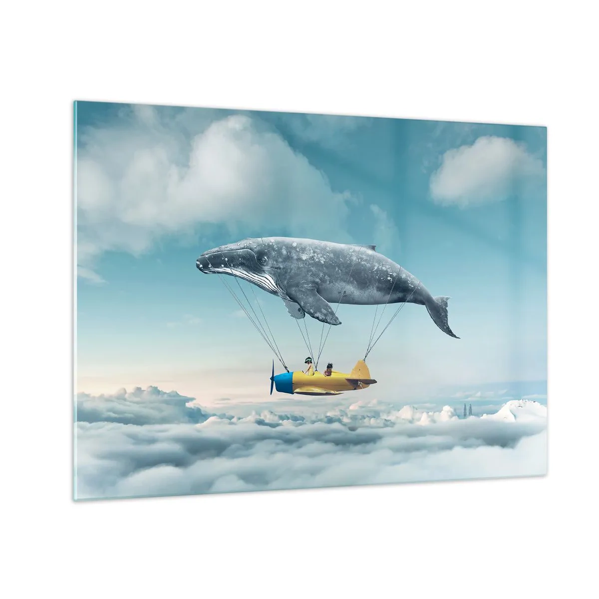 Obraz na skle - Velryba zvedá letadlo nad mraky v surrealistickém prostředí. - 70x50cm - Proč ne? - Moderní nástěnná dekorace do obývacího pokoje a ložnice ARTTOR