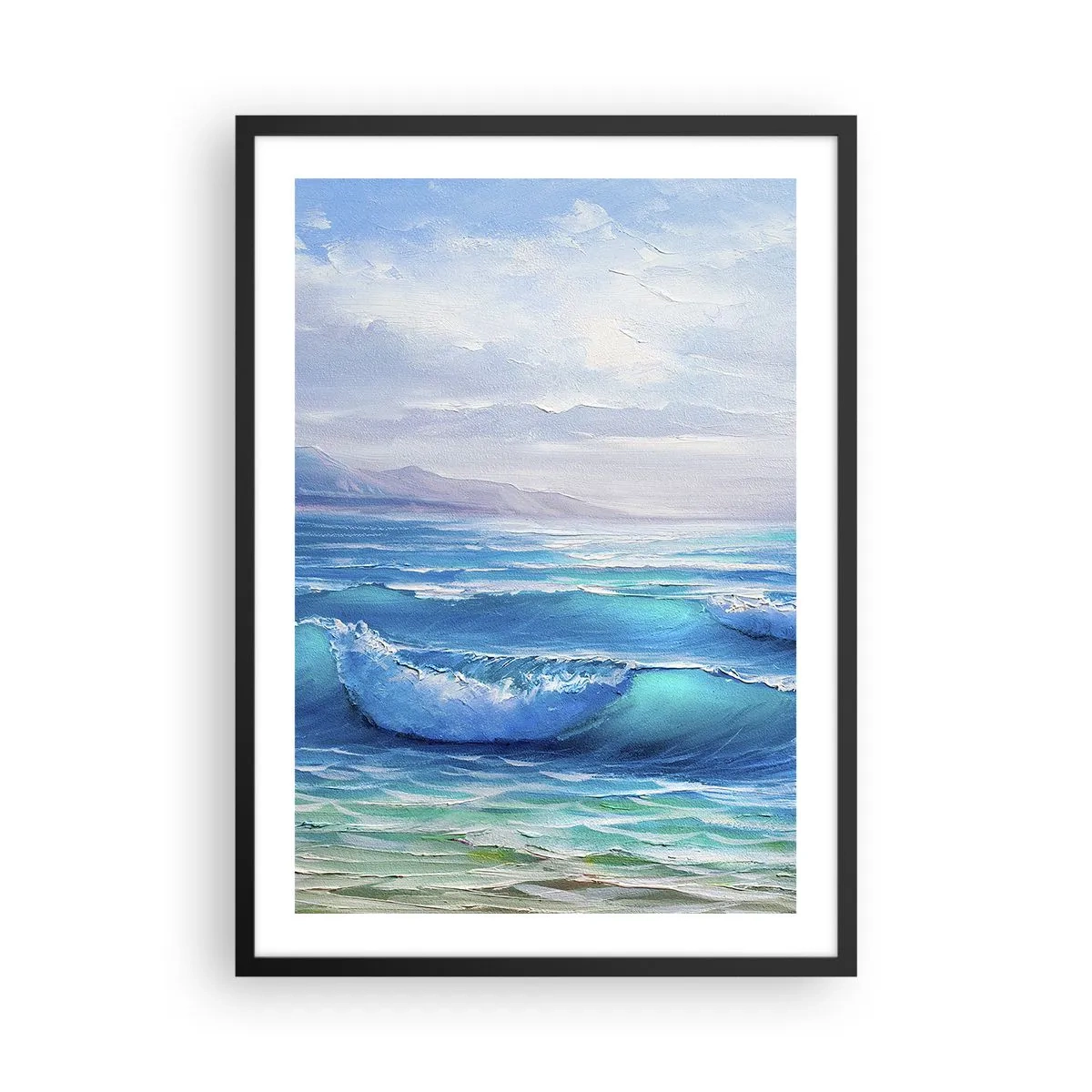 Plakát v černém rámu - Mořské vlny proti modré obloze - 50x70cm - Přináší ukojení - Moderní nástěnná dekorace do obývacího pokoje a ložnice ARTTOR