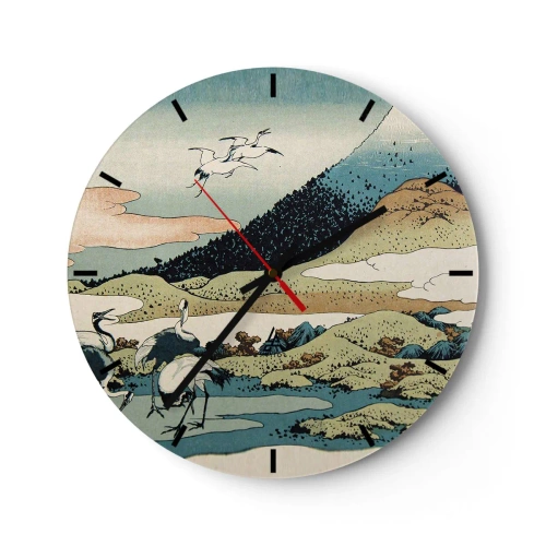 Nástěnné hodiny - Japonská scéna s ptáky na pozadí horské krajiny - 30x30cm - V japonském duchu - Moderní nástěnná dekorace do obývacího pokoje, kuchyně a ložnice ARTTOR