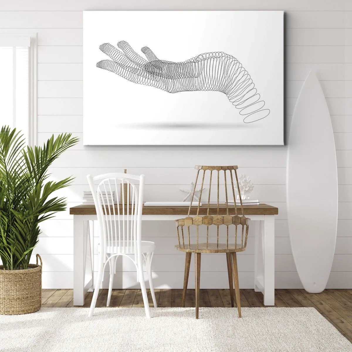 Obraz na plátně - Minimalistická ilustrace ruky z černých teček na bílém pozadí. - 70x50cm - Pružná ruka - Moderní nástěnná dekorace do obývacího pokoje a ložnice ARTTOR