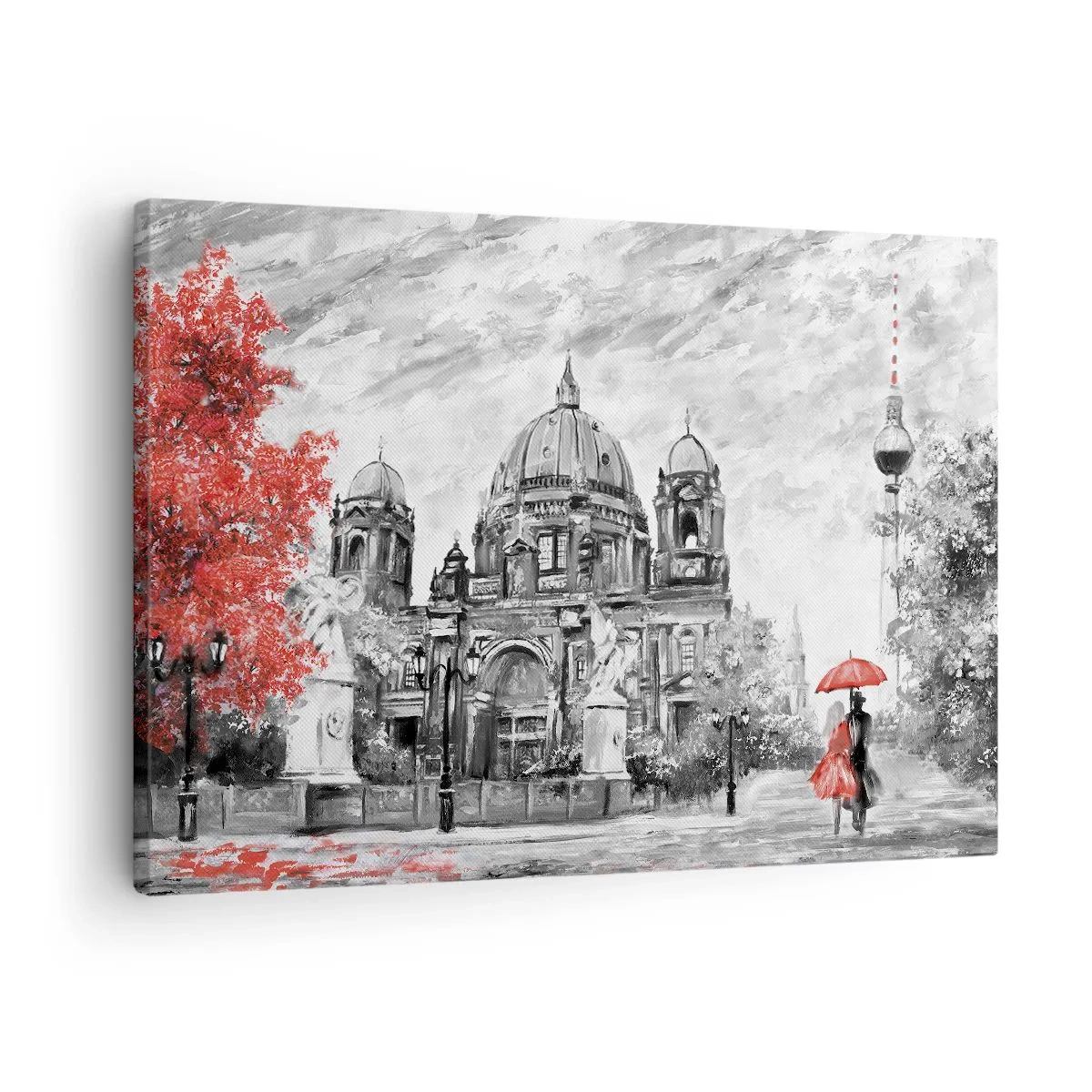 Obraz na plátně - Černobílá scéna s Berlínem, červeným deštníkem a stromem - 70x50cm - Berlínské setkání - Moderní nástěnná dekorace do obývacího pokoje a ložnice ARTTOR