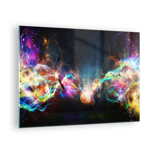 Obraz na skle - Abstraktní světla a barevná energie ve futuristickém stylu - 70x50cm - Radostně proti tmě - Moderní nástěnná dekorace do obývacího pokoje a ložnice ARTTOR