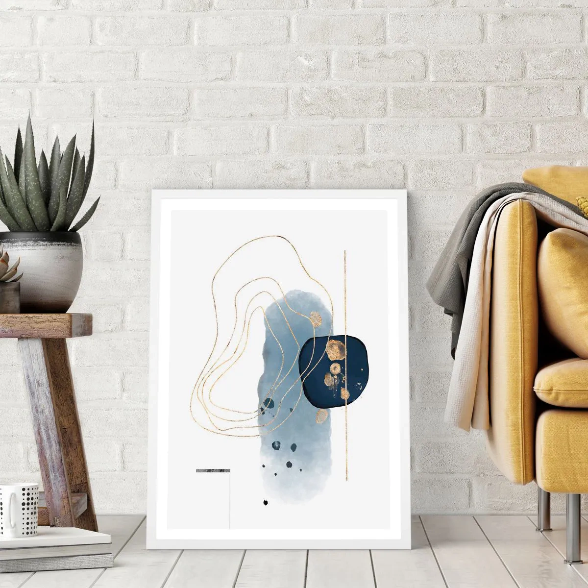 Plakát v bílém rámu - Modro-zlatá fantazie - 70x100 cm