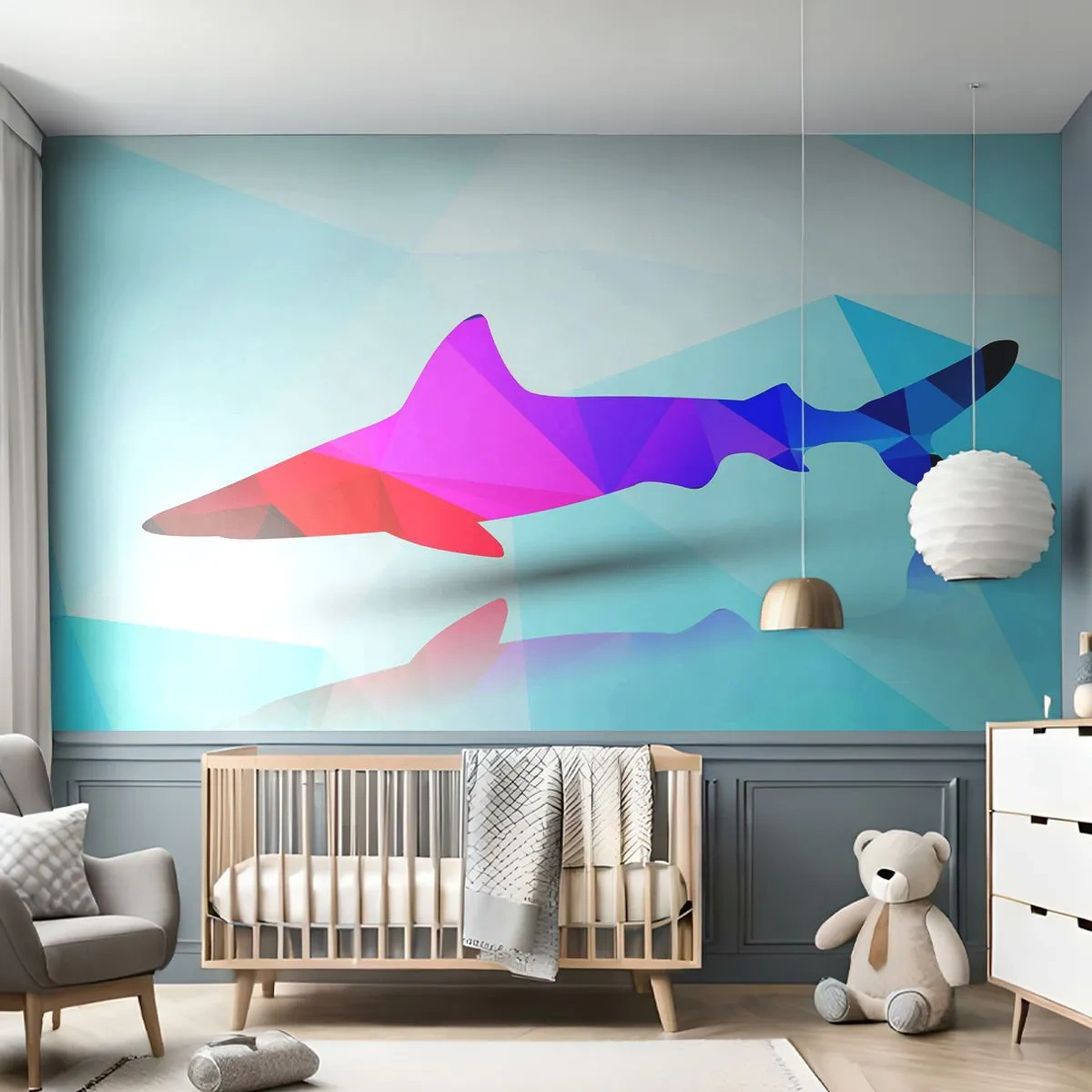 Fototapeta Samolepicí Deluxe Sticker - Žralok v krystalickém prostoru - Zvířata, Žralok, Geometrický obrazec - 250x175 cm