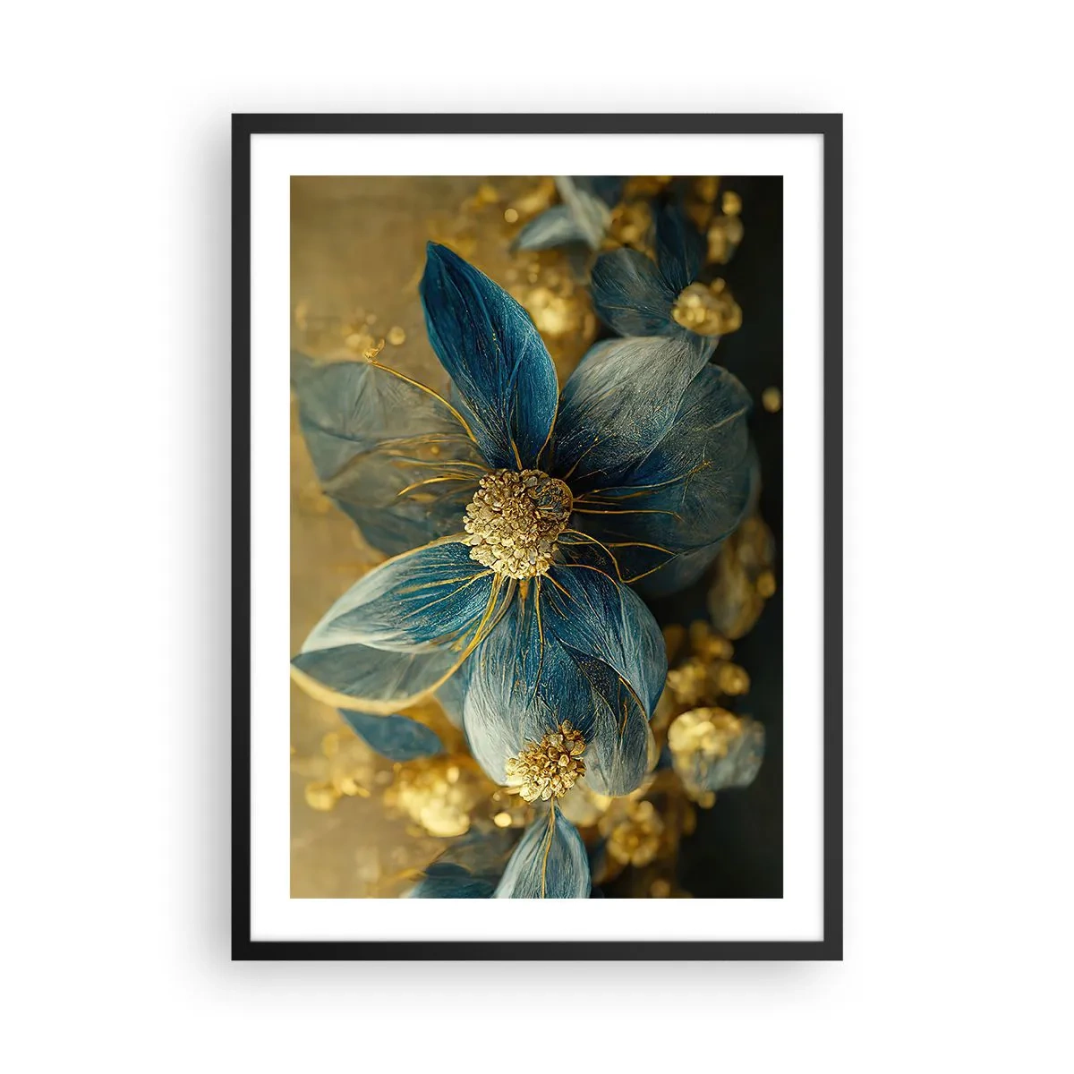 Plakát v černém rámu - Zlaté a tmavě modré květy v elegantní kompozici - 50x70cm - Rozkvést zlatem - Moderní nástěnná dekorace do obývacího pokoje a ložnice ARTTOR