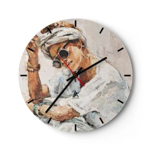 Nástěnné hodiny - Portrét ženy se slunečními brýlemi malovaný impasto technikou - 30x30cm - Portrét v plném slunci - Moderní nástěnná dekorace do obývacího pokoje, kuchyně a ložnice ARTTOR