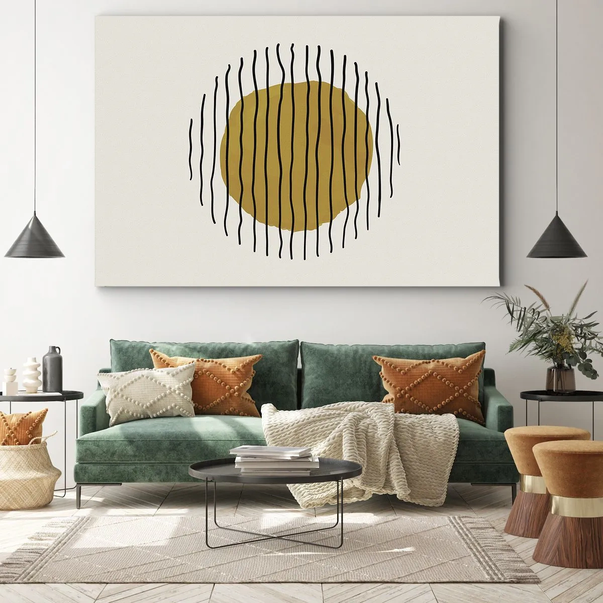 Obraz na plátně - Minimalistický motiv se žlutým kruhem a černými čarami. - 70x50cm - Abstrakce chvějící se žárem - Moderní nástěnná dekorace do obývacího pokoje a ložnice ARTTOR
