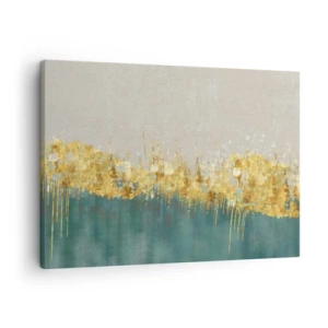 Obraz na plátně - Zlaté akcenty na zeleno-béžovém pozadí - 70x50cm - Zlatá hranice - Moderní nástěnná dekorace do obývacího pokoje a ložnice ARTTOR