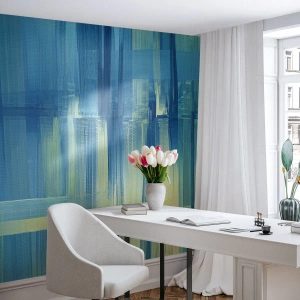 Fototapeta Standard Eco - Tyrkysové a žluté tahy štětcem v abstraktní podobě - 100x70cm - Kompozice v tyrkysu - Moderní nástěnná dekorace do obývacího pokoje a ložnice ARTTOR