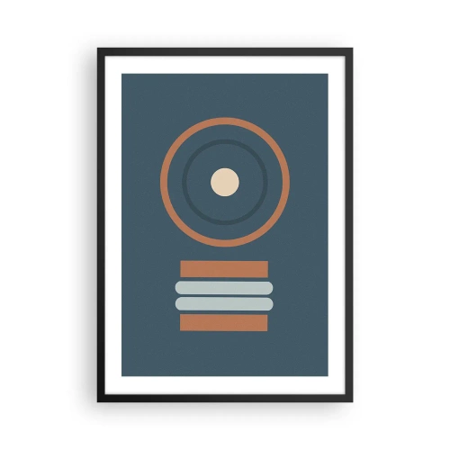 Plakát v černém rámu - Geometrický vzor s kruhy a obdélníky v odstínech modré a hnědé - 50x70cm - Podstata věcí - Moderní nástěnná dekorace do obývacího pokoje a ložnice ARTTOR