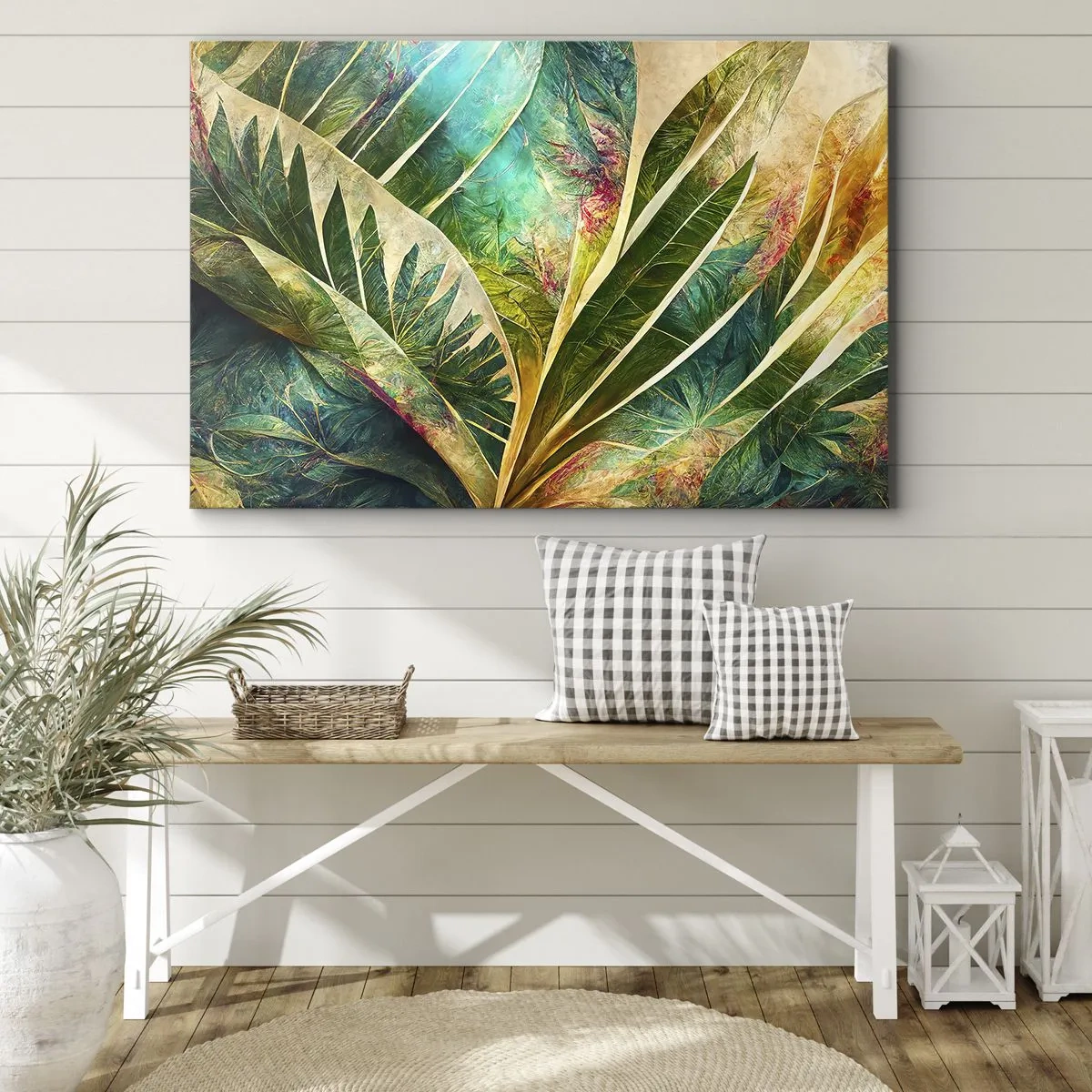 Obraz na plátně - Barevné tropické listy na světlém pozadí - 70x50cm - Barvy tropů - Moderní nástěnná dekorace do obývacího pokoje a ložnice ARTTOR