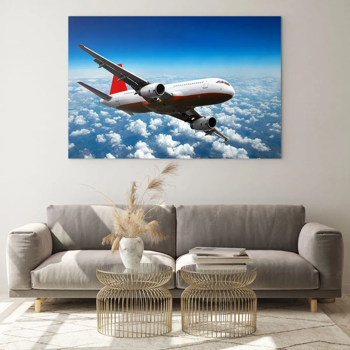 Obraz na skle - Osobní letadlo letící nad mraky proti modré obloze - 70x50cm - Odtrhni se od toho všeho - Moderní nástěnná dekorace do obývacího pokoje a ložnice ARTTOR