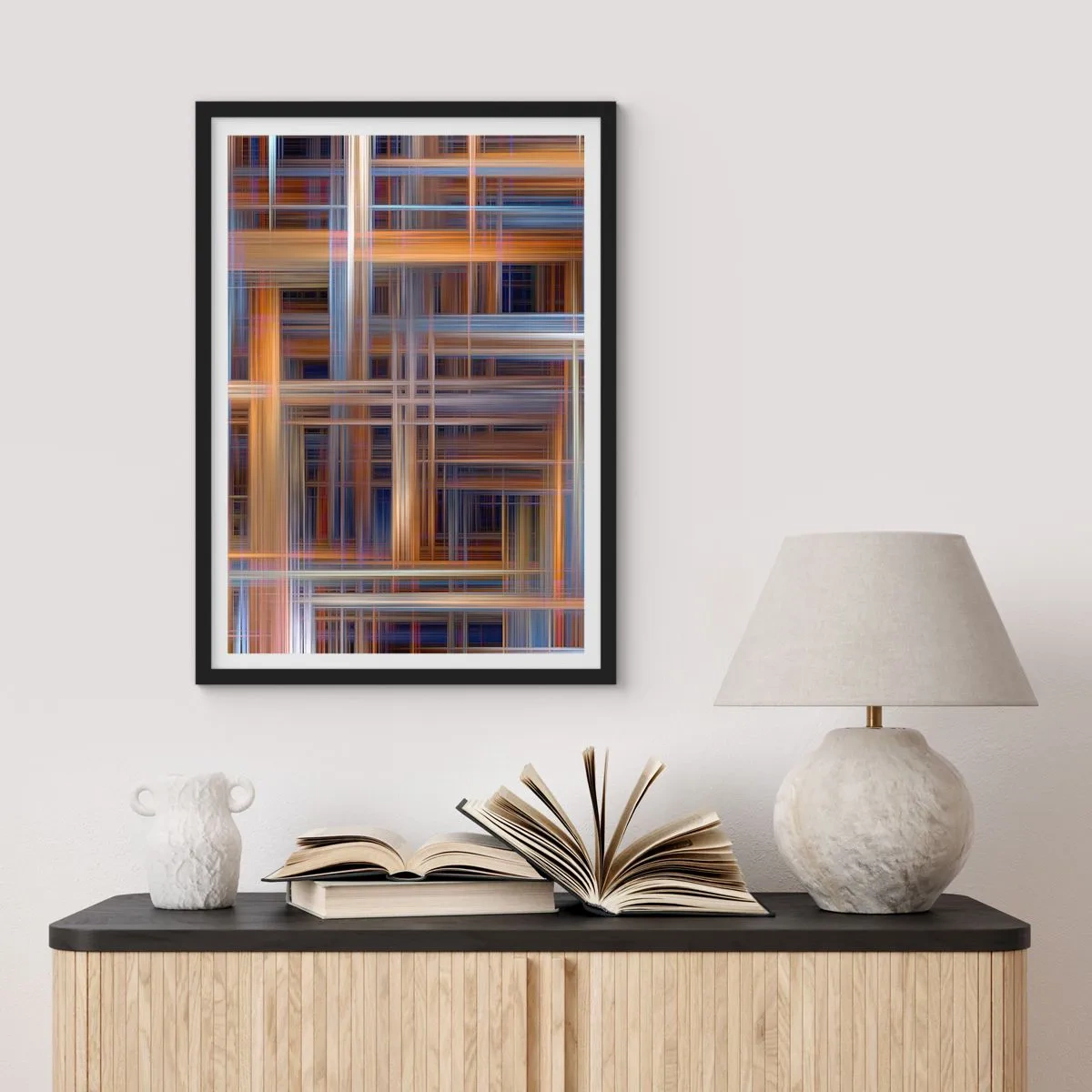 Plakát v černém rámu - Geometrické linie v teplých a studených barvách - 50x70cm - Utkané ze světla - Moderní nástěnná dekorace do obývacího pokoje a ložnice ARTTOR