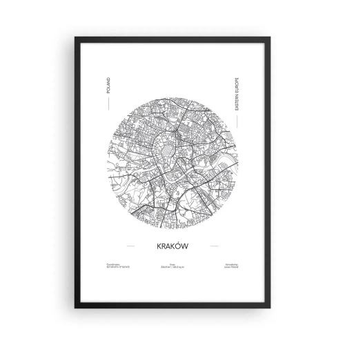 Plakát v černém rámu - Minimalistická mapa Krakova v kruhu - 50x70cm - Anatomie Krakova - Moderní nástěnná dekorace do obývacího pokoje a ložnice ARTTOR