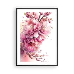 Plakát v černém rámu - Jemné růžové třešňové květy v plném květu na světlém pozadí - 50x70cm - Květ kvetoucí třešně - Moderní nástěnná dekorace do obývacího pokoje a ložnice ARTTOR