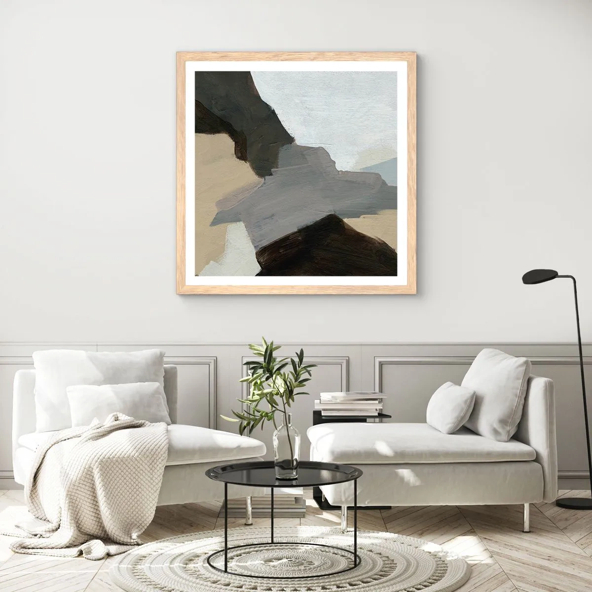 Plakát v rámu světlý dub - Abstrakce: křižovatka šedi - 60x60 cm