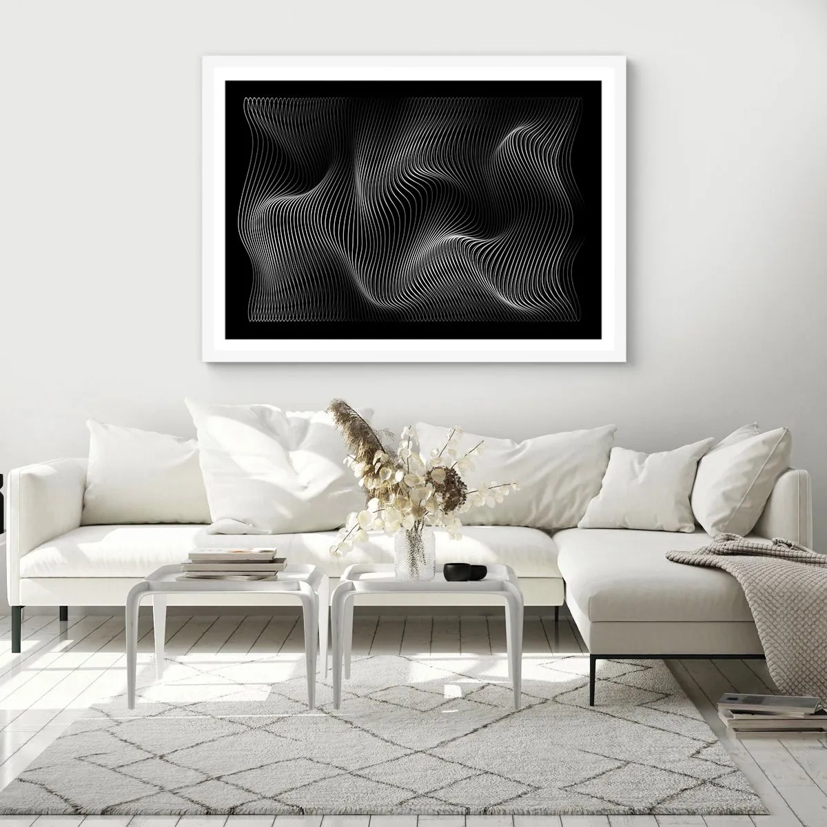 Plakát v bílém rámu - Tanec světla v prostoru - 91x61 cm