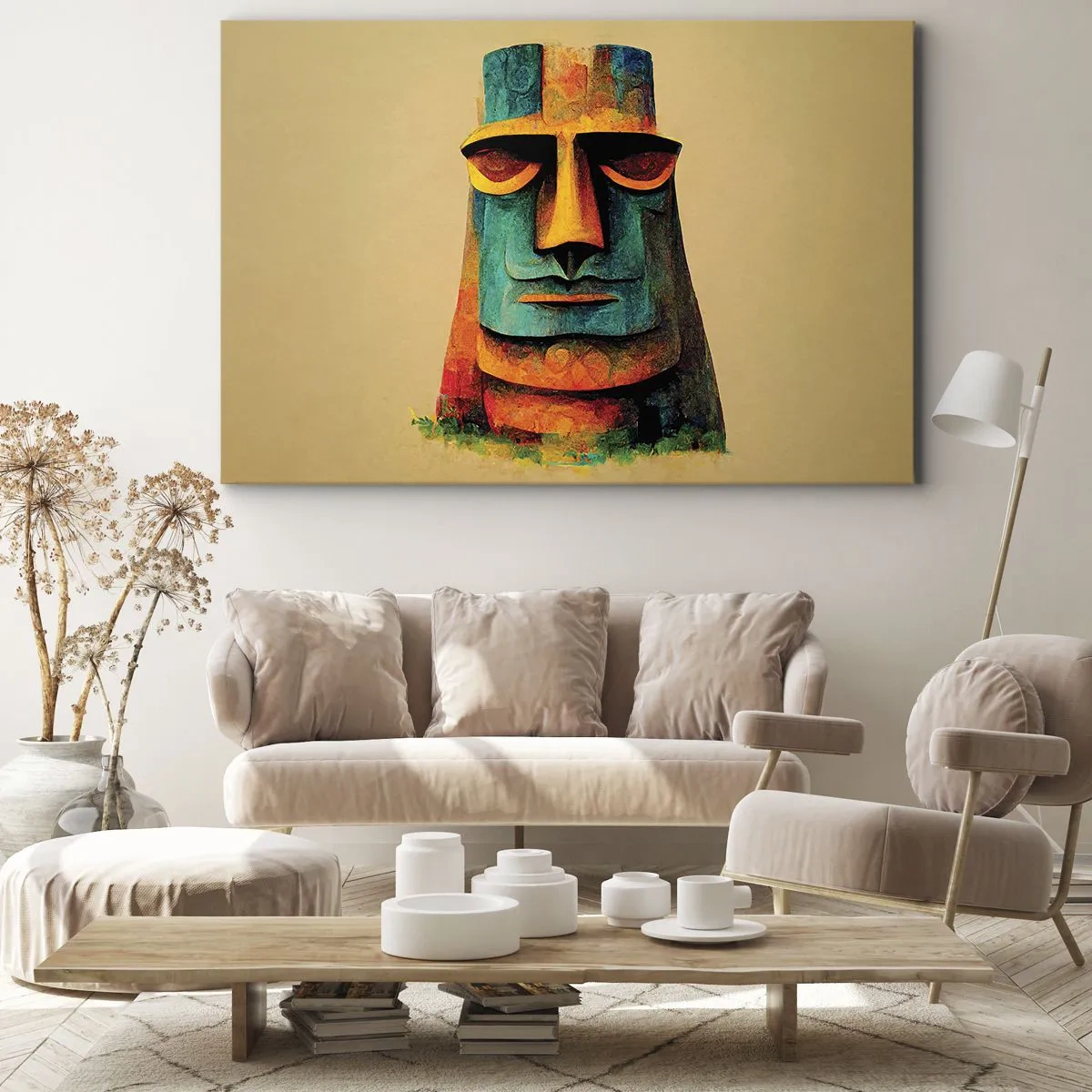 Obraz na plátně - Barevná socha z Velikonočního ostrova - 70x50cm - Sošný, ale sympatický - Moderní nástěnná dekorace do obývacího pokoje a ložnice ARTTOR