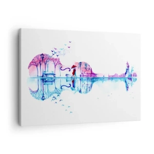 Obraz na plátně - Silueta města ve tvaru houslí v akvarelových barvách - 70x50cm - Přinesu vám dešťové písně - Moderní nástěnná dekorace do obývacího pokoje a ložnice ARTTOR