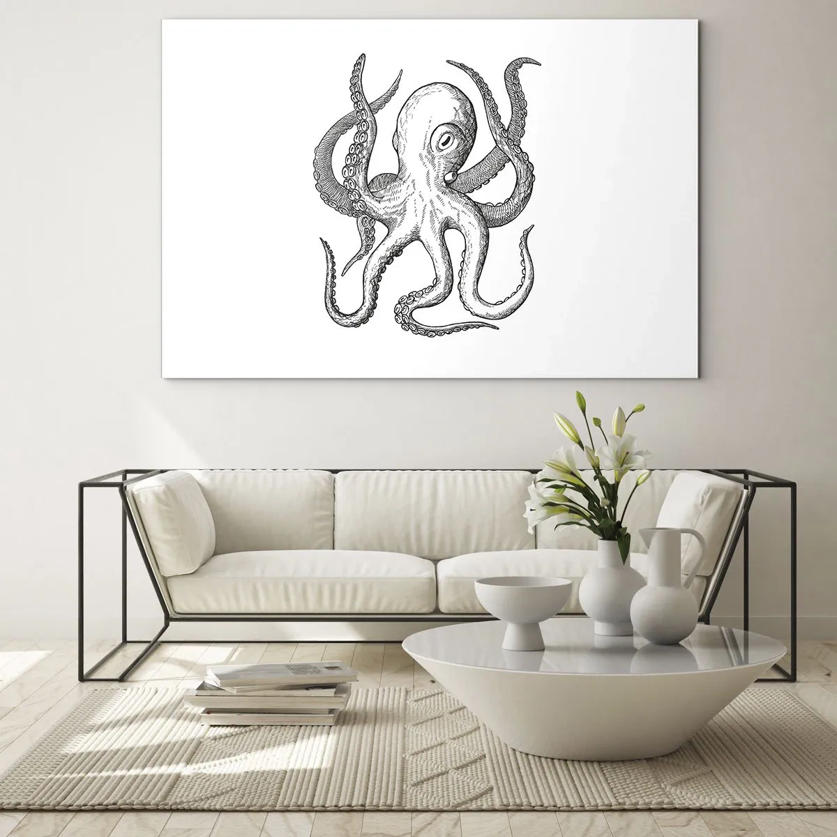Obraz na skle - Černobílá kresba chobotnice na bílém pozadí - 70x50cm - Tančící s vlnami - Moderní nástěnná dekorace do obývacího pokoje a ložnice ARTTOR