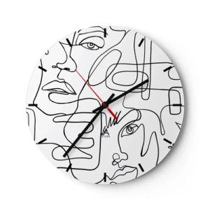 Nástěnné hodiny - Minimalistické kresby obličejů v liniových kresbách na bílém pozadí - 30x30cm - Ve spletených emocích - Moderní nástěnná dekorace do obývacího pokoje, kuchyně a ložnice ARTTOR