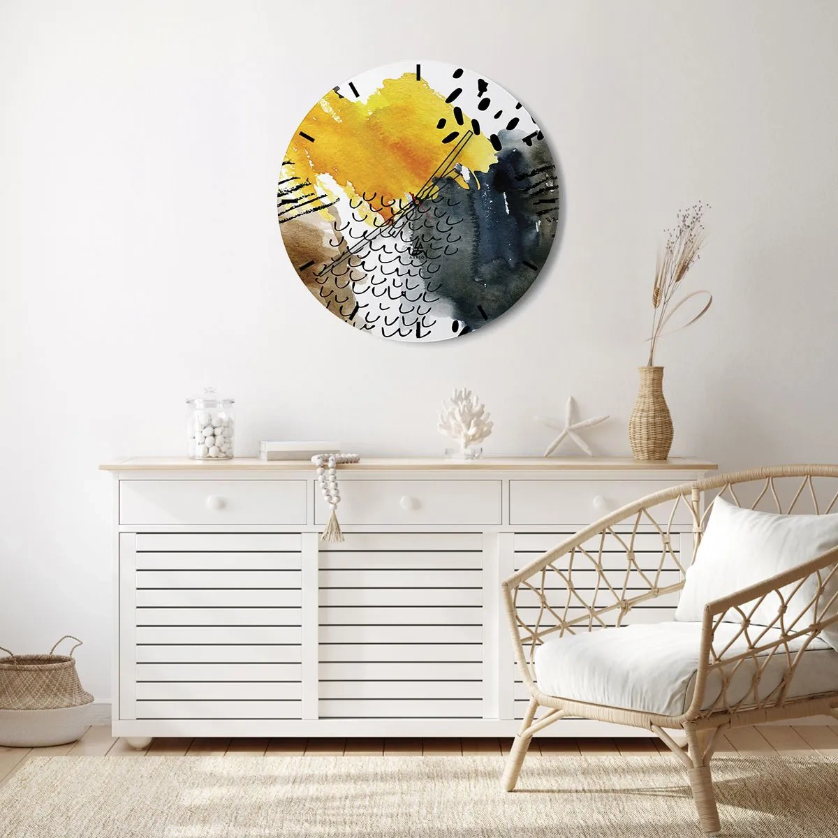 Nástěnné hodiny - Abstraktní vzor ve žluté, tmavě modré a černé barvě - 30x30cm - Setkání živlů - Moderní nástěnná dekorace do obývacího pokoje, kuchyně a ložnice ARTTOR