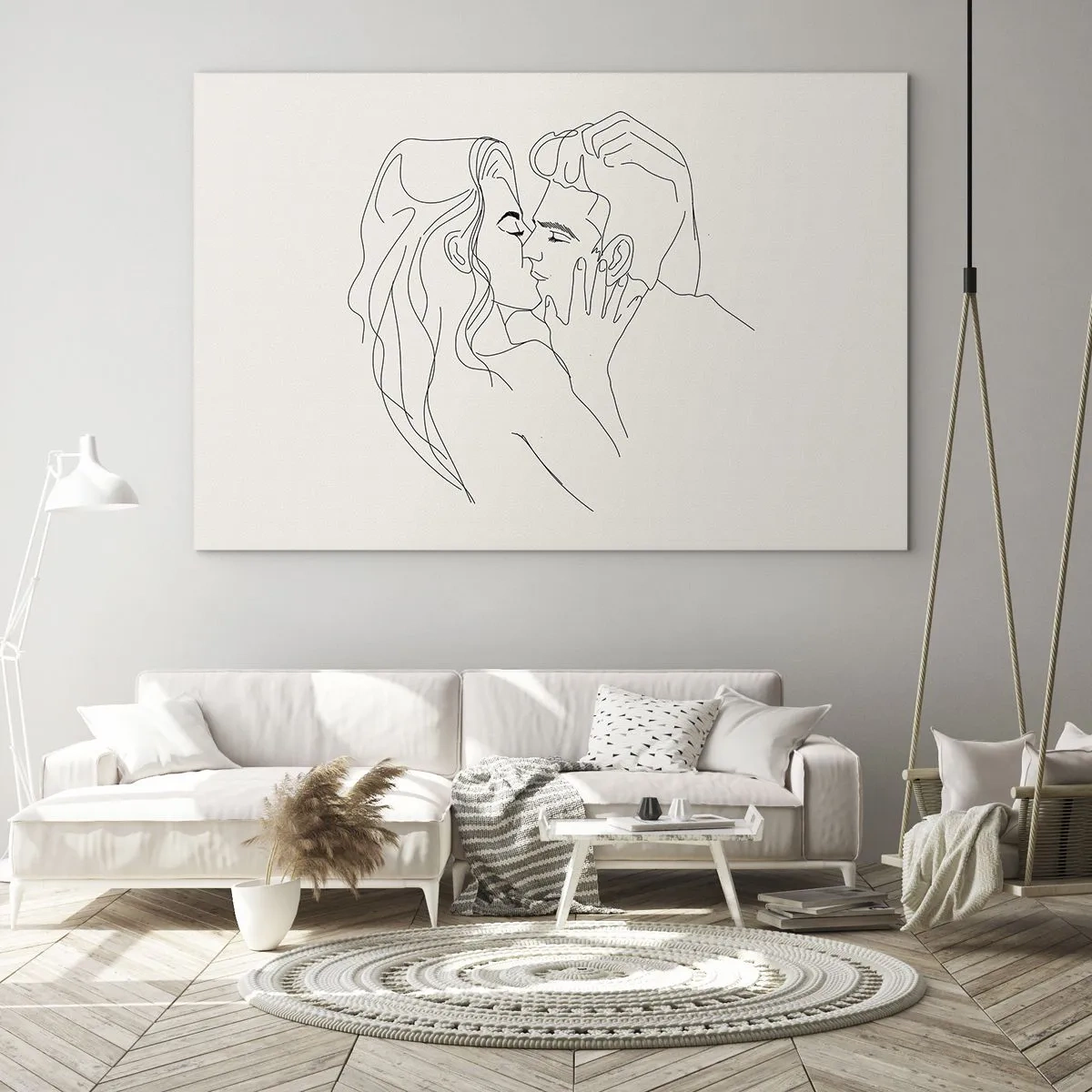 Obraz na skle - Smyslný polibek páru v konturové linii - 70x50cm - Zamotaní citem - Moderní nástěnná dekorace do obývacího pokoje a ložnice ARTTOR