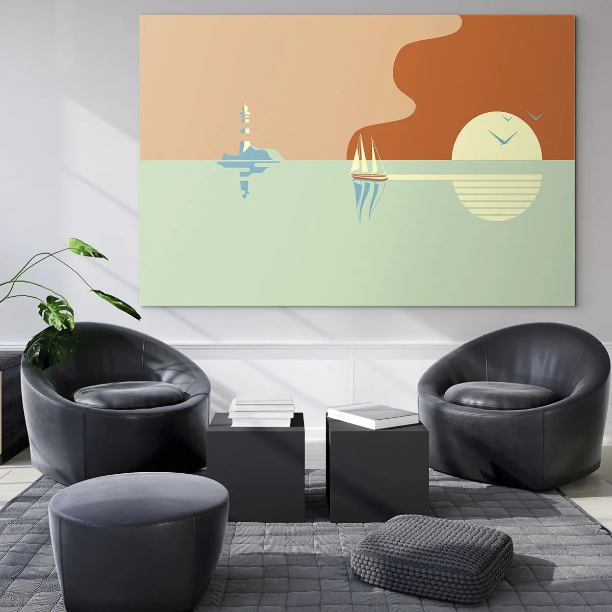 Obraz na skle - Minimalistický západ slunce s plachetnicí a majákem - 70x50cm - Dokonalá mořská krajina - Moderní nástěnná dekorace do obývacího pokoje a ložnice ARTTOR