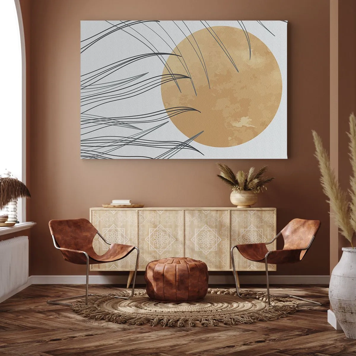 Obraz na plátně - Abstraktní stébla trávy na pozadí velkého oranžového slunce - 70x50cm - Vždy ke slunci - Moderní nástěnná dekorace do obývacího pokoje a ložnice ARTTOR