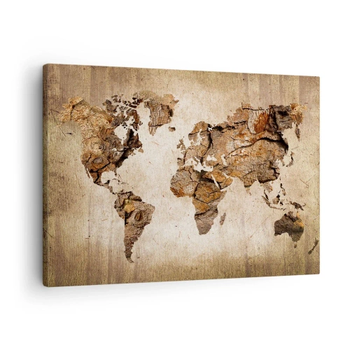 Obraz na plátně - Mapa světa v dřevěném, rustikálním stylu - 70x50cm - Objev světa - Moderní nástěnná dekorace do obývacího pokoje a ložnice ARTTOR
