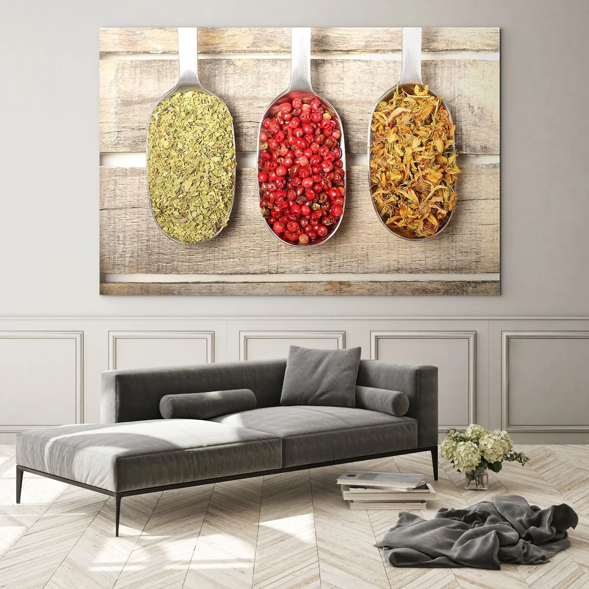 Obraz na skle - Tři lžíce s kořením na rustikálním dřevěném pozadí - 70x50cm - Kuchyňská magie - Moderní nástěnná dekorace do obývacího pokoje a ložnice ARTTOR
