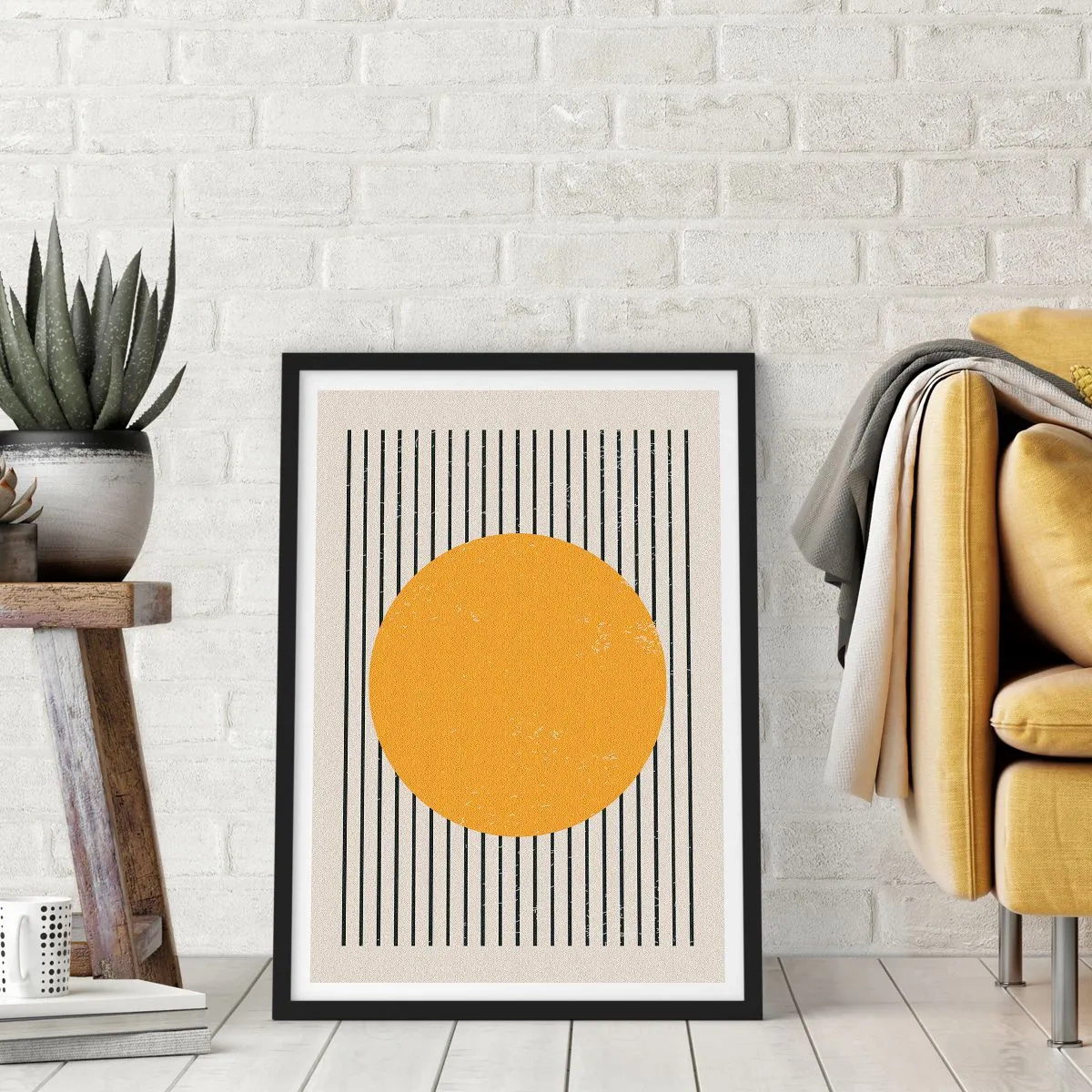 Plakát v černém rámu - Geometrická kompozice s oranžovým kruhem a čarami - 50x70cm - Síla jednoduchosti - Moderní nástěnná dekorace do obývacího pokoje a ložnice ARTTOR