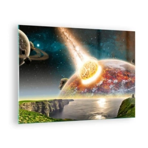 Obraz na skle - Meteorit se ve vesmíru srazí s planetou. - 70x50cm - Vesmírné drama - Moderní nástěnná dekorace do obývacího pokoje a ložnice ARTTOR