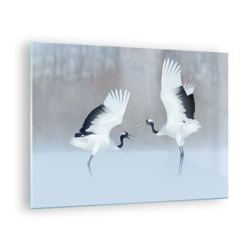 Obraz na skle - Tančící jeřábi na pozadí zimní krajiny - 70x50cm - Tanec v mlze - Moderní nástěnná dekorace do obývacího pokoje a ložnice ARTTOR