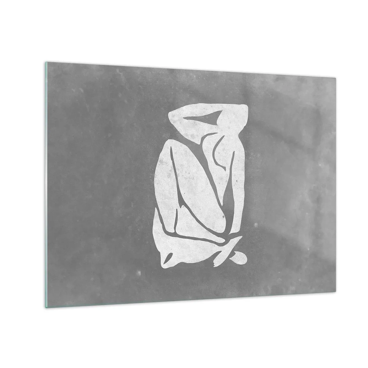 Obraz na skle - Minimalistická silueta ženy na šedém pozadí - 70x50cm - V zádumčivosti - Moderní nástěnná dekorace do obývacího pokoje a ložnice ARTTOR