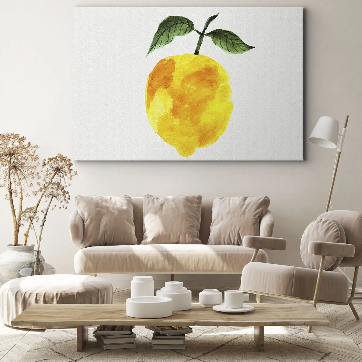 Obraz na plátně - Akvarel citron se zelenými listy na světlém pozadí - 70x50cm - Jak poznat chuť slunce - Moderní nástěnná dekorace do obývacího pokoje a ložnice ARTTOR