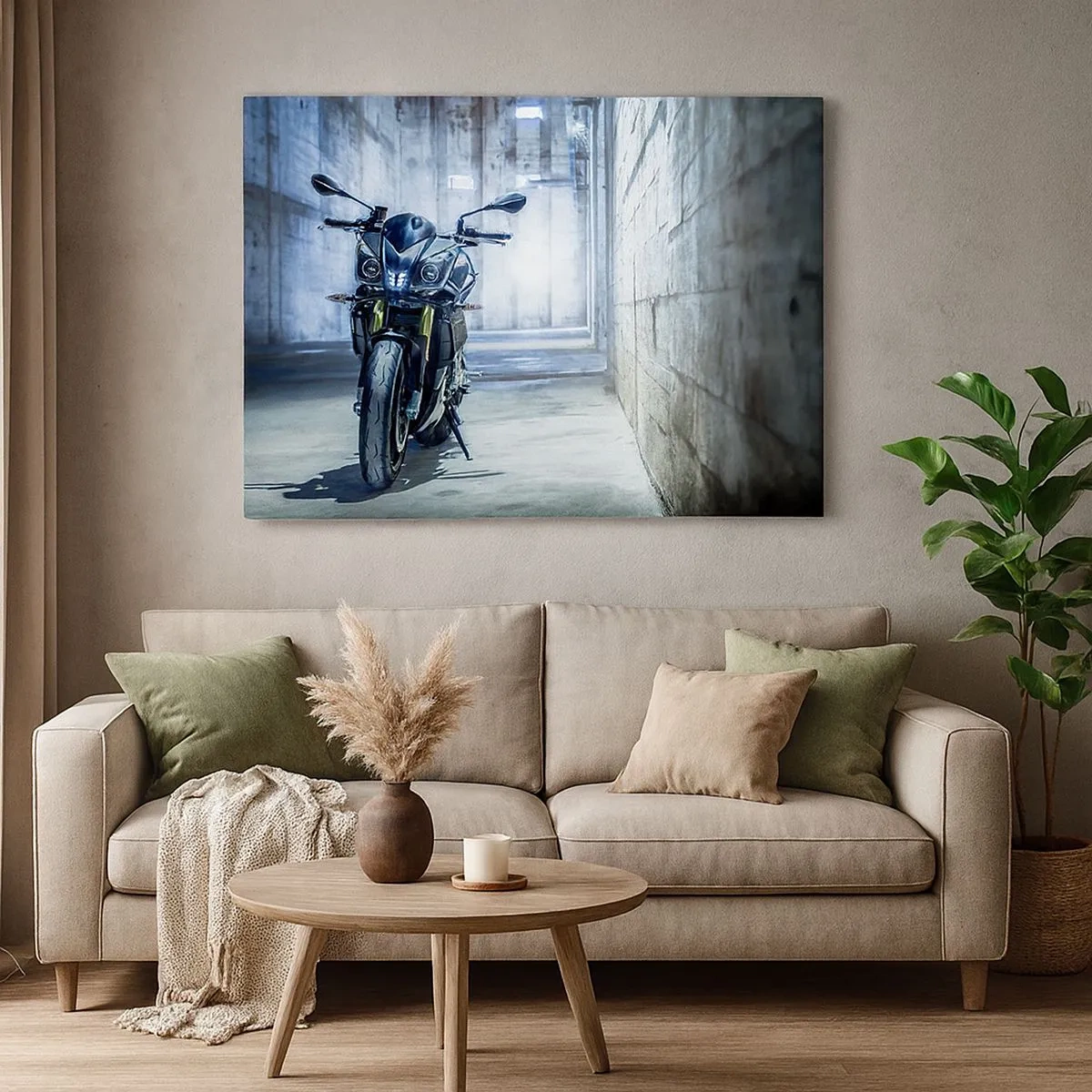 Obraz na plátně - Moderní motocykl v industriálním interiéru - 70x50cm - Než zařve motor - Moderní nástěnná dekorace do obývacího pokoje a ložnice ARTTOR
