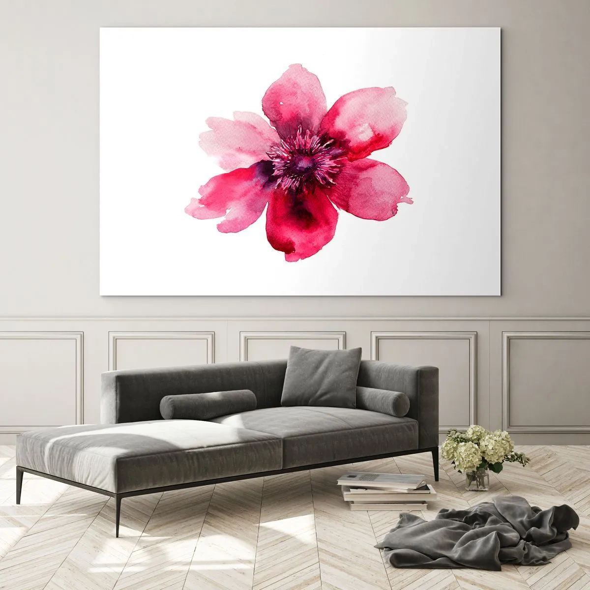 Obraz na skle - Akvarelová ilustrace červeného květu na bílém pozadí - 70x50cm - Karmínový voňavý polibek - Moderní nástěnná dekorace do obývacího pokoje a ložnice ARTTOR