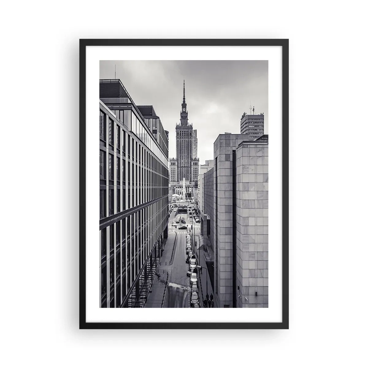 Plakát v černém rámu - Pohled na Palác kultury a vědy ve Varšavě v odstínech šedé - 50x70cm - Varšavské údolí - Moderní nástěnná dekorace do obývacího pokoje a ložnice ARTTOR
