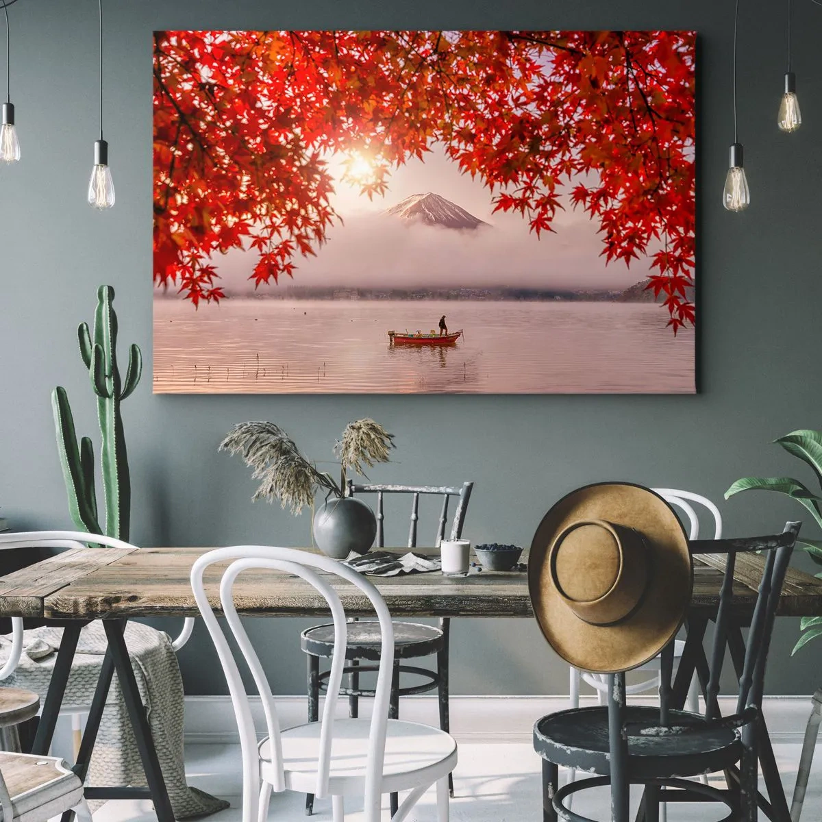 Obraz na plátně - Loď na jezeře obklopené červenými javorovými listy - 70x50cm - V japonském stylu - Moderní nástěnná dekorace do obývacího pokoje a ložnice ARTTOR