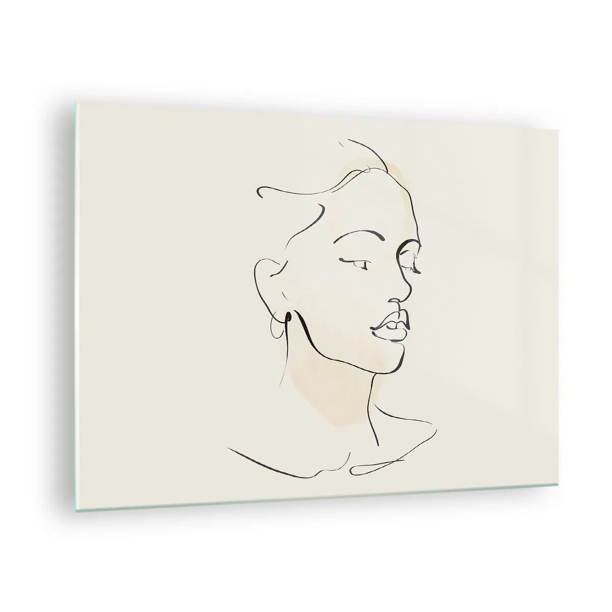 Obraz na skle - Ženský lineární portrét na světlém pozadí s jemnými stíny. - 70x50cm - Výrazným tahem - Moderní nástěnná dekorace do obývacího pokoje a ložnice ARTTOR