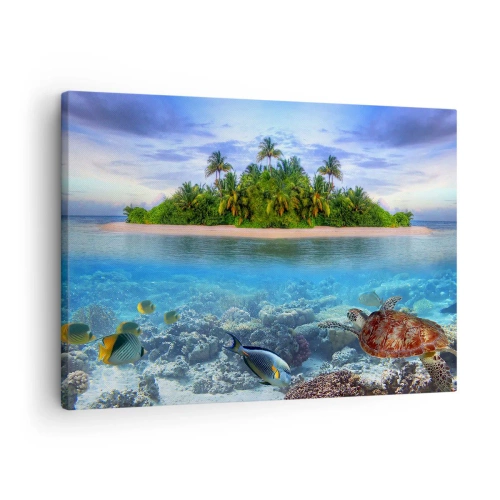 Obraz na plátně - Tropický ostrov obklopený tyrkysovým oceánem s korálovým útesem a rybami. - 70x50cm - Nebeský ostrov zve - Moderní nástěnná dekorace do obývacího pokoje a ložnice ARTTOR