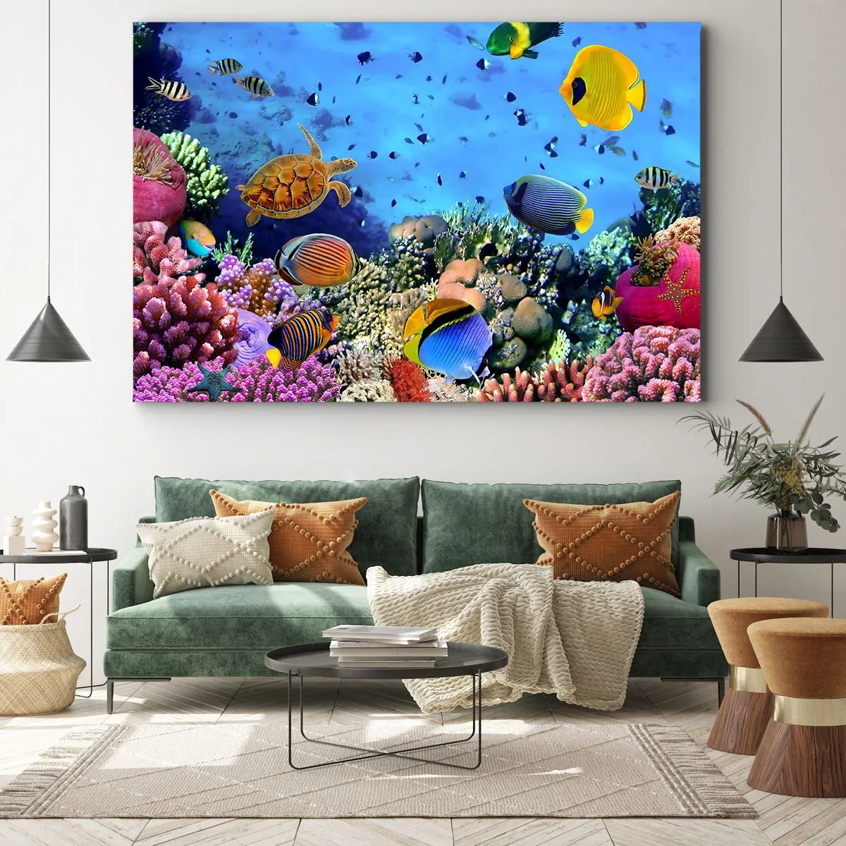 Obraz na plátně - Korálový útes s barevnými rybami a mořskou želvou - 70x50cm - Co víme o životě… - Moderní nástěnná dekorace do obývacího pokoje a ložnice ARTTOR
