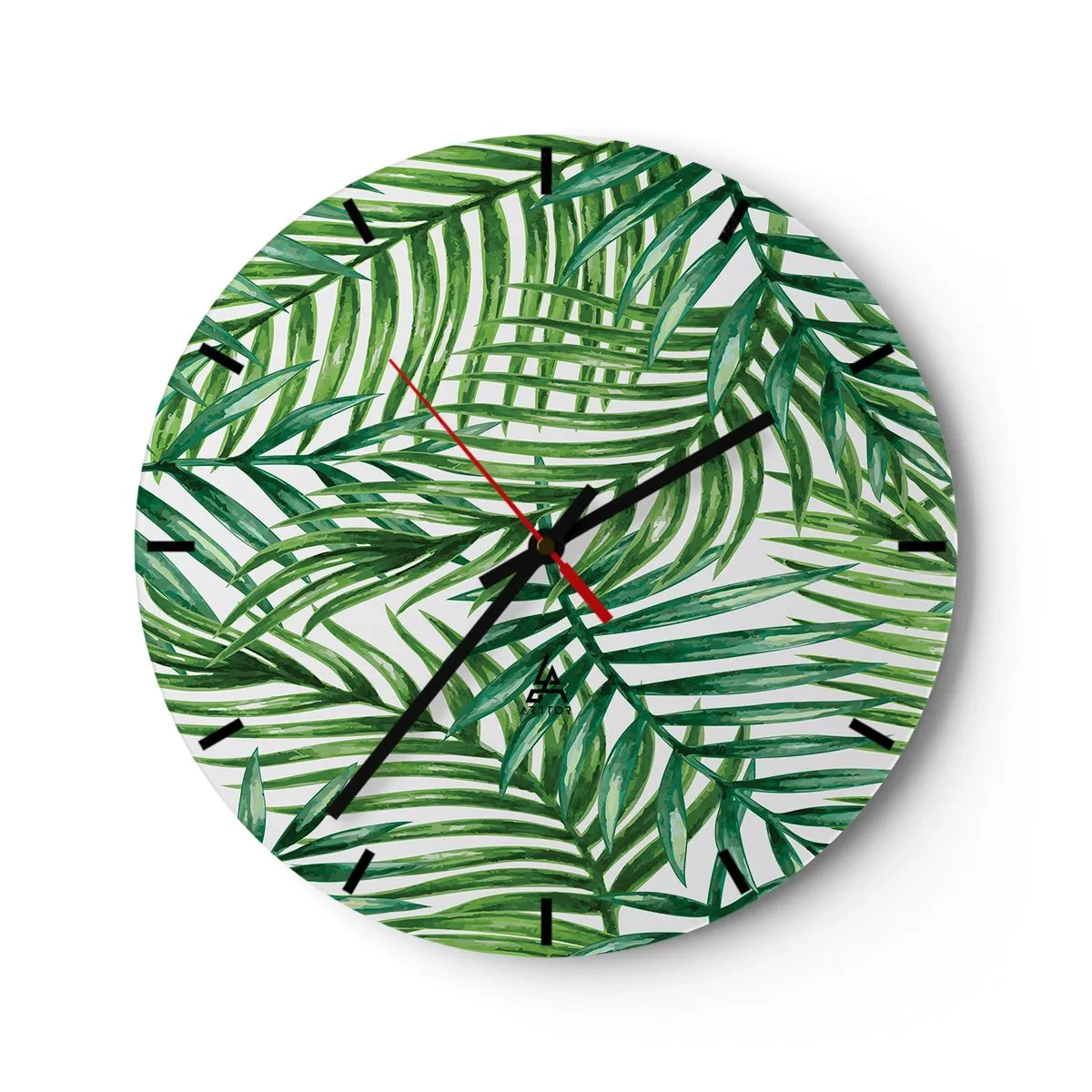 Nástěnné hodiny - Zelené palmové listy uspořádané v husté kompozici - 30x30cm - Pod zeleným baldachýnem - Moderní nástěnná dekorace do obývacího pokoje, kuchyně a ložnice ARTTOR