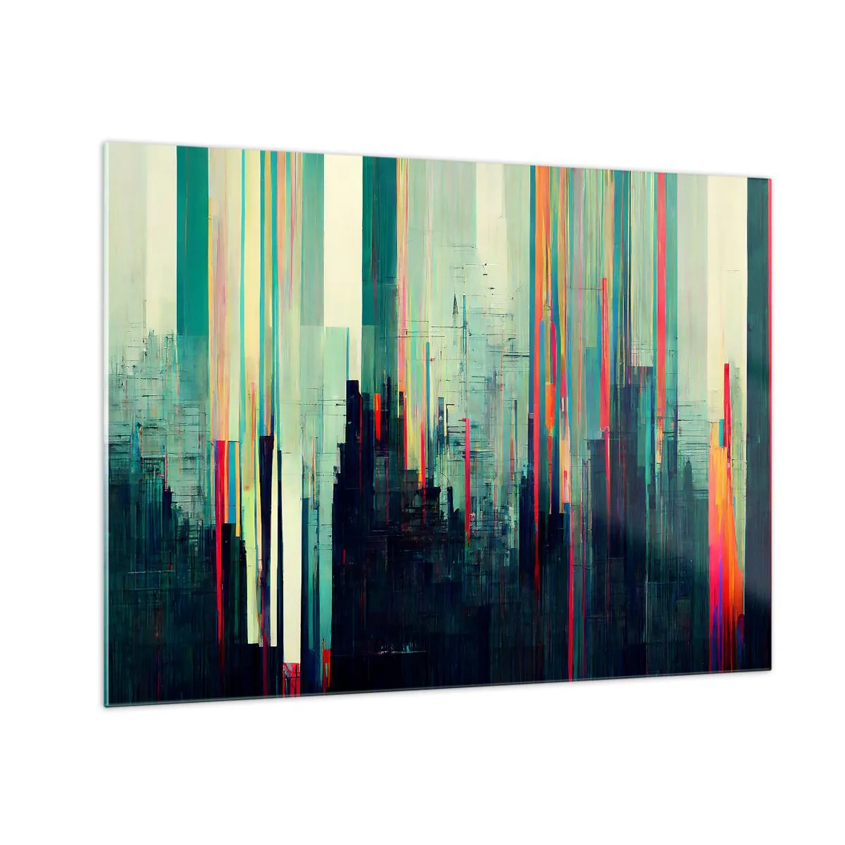 Obraz na skle - Svislé barevné čáry tvoří obrys futuristické metropole. - 70x50cm - Futuristické město - Moderní nástěnná dekorace do obývacího pokoje a ložnice ARTTOR