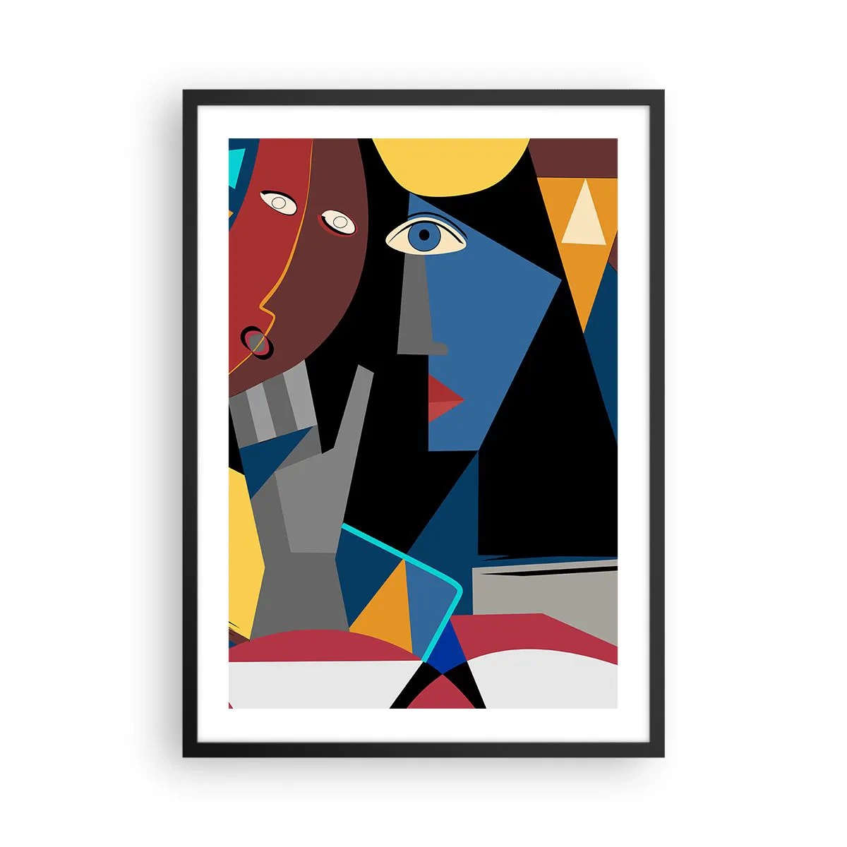 Plakát v černém rámu - Kubistická abstrakce obličeje v živých barvách - 50x70cm - Konverzace kubistů - Moderní nástěnná dekorace do obývacího pokoje a ložnice ARTTOR