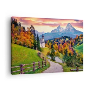 Obraz na plátně - Podzimní horská krajina s kaplí a západem slunce - 70x50cm - Naprosto ideální krajina - Moderní nástěnná dekorace do obývacího pokoje a ložnice ARTTOR