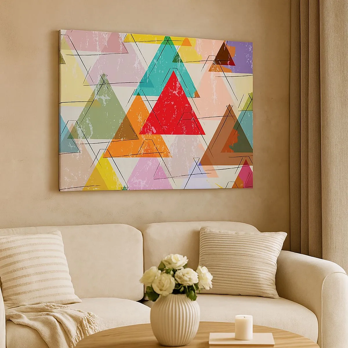 Obraz na plátně - Barevná abstrakce s geometrickými trojúhelníky - 70x50cm - Blábolení - Moderní nástěnná dekorace do obývacího pokoje a ložnice ARTTOR