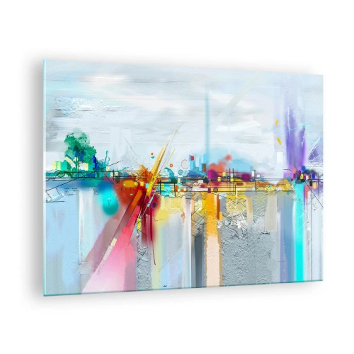 Obraz na skle - Abstraktní most v zářivých barvách přes řeku s pastelovým pozadím - 70x50cm - Most radosti nad řekou života - Moderní nástěnná dekorace do obývacího pokoje a ložnice ARTTOR
